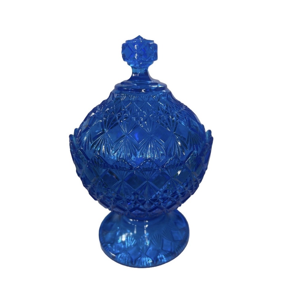 Vintage Fenton OVG Glass Blue Fine Cut  And Block Covered Candy Dish
